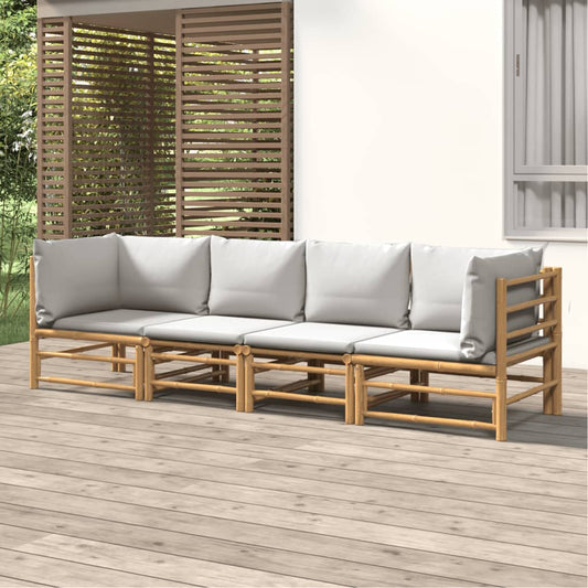 4 Piece Patio Lounge Set with Light Gray Cushions Bamboo