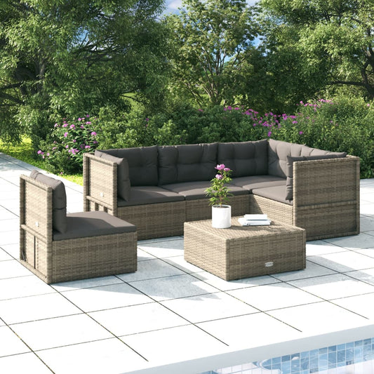 5 Piece Patio Lounge Set with Cushions Gray Poly Rattan