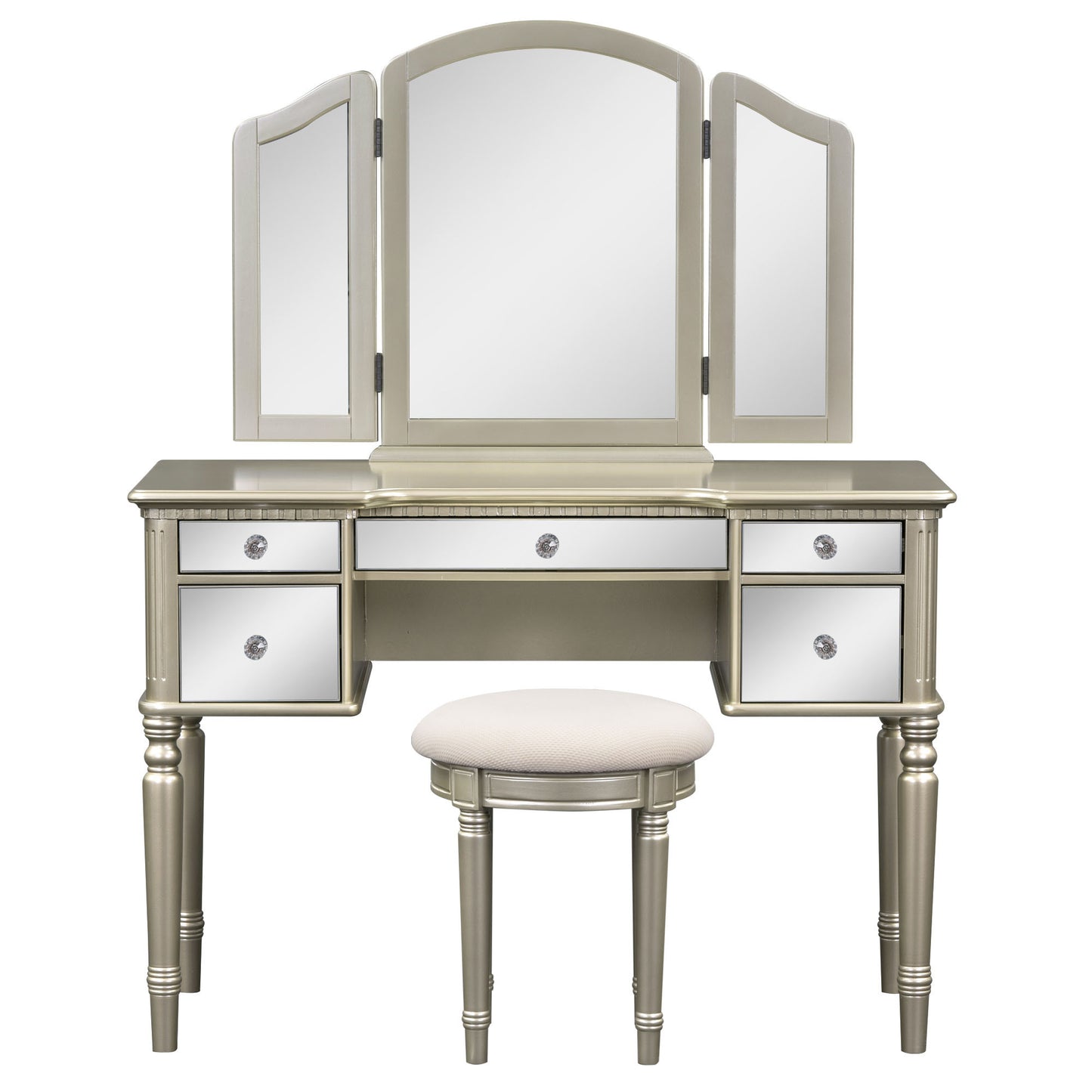 GO 43" Dressing Table Set with Mirrored Drawers and Stool, Tri-fold Mirror, Makeup Vanity Set for Bedroom, Gold