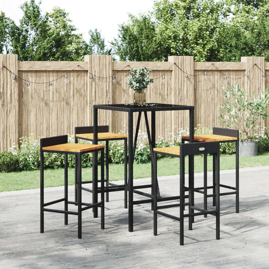 5 Piece Patio Bar Set Black Poly Rattan& Solid Wood Acacia