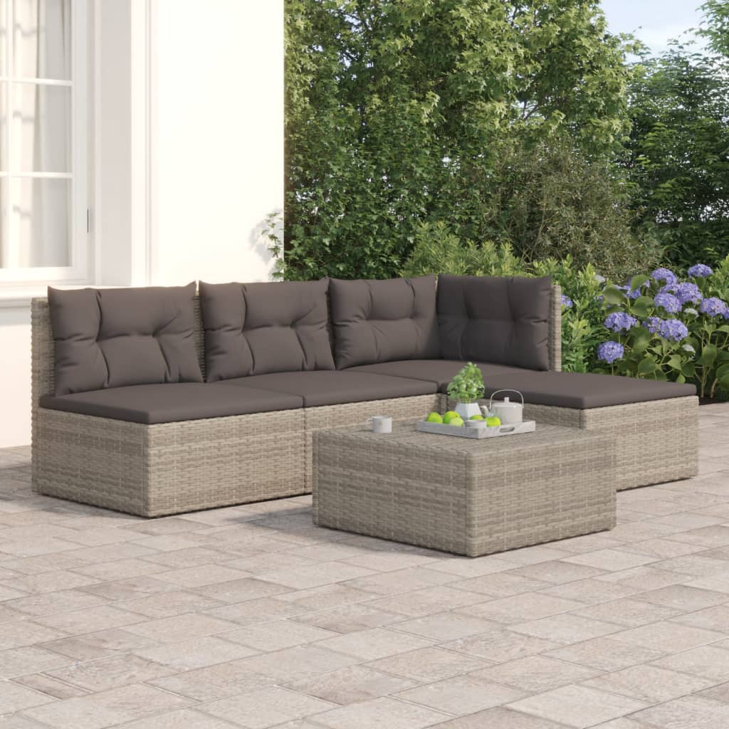 4 Piece Patio Lounge Set with Cushions Gray Poly Rattan