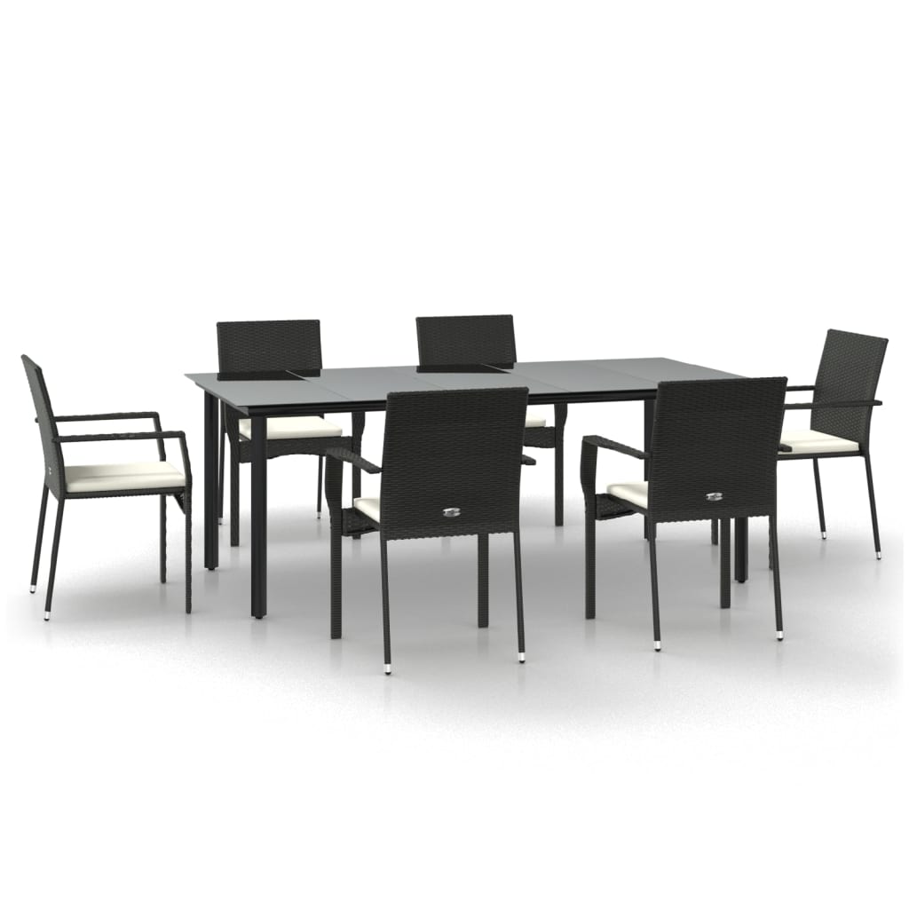 7 Piece Patio Dining Set with Cushions Black Poly Rattan