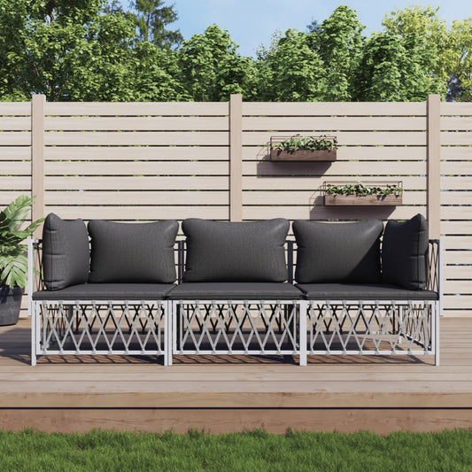 3 Piece Patio Lounge Set with Cushions White Steel