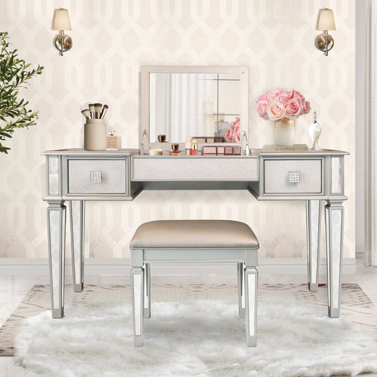 Mirrored Vanities Desk with Drawers, Bedroom Makeup Vanity Table Set with Mirror and Stool, Flip Up Dressing Table for Bedroom/Makeup Room, Working Desk for Women, Girl Furniture Combo