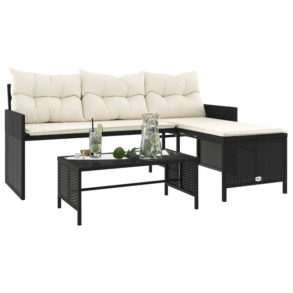 Patio Sofa with Table and Cushions L-Shaped Black Poly Rattan