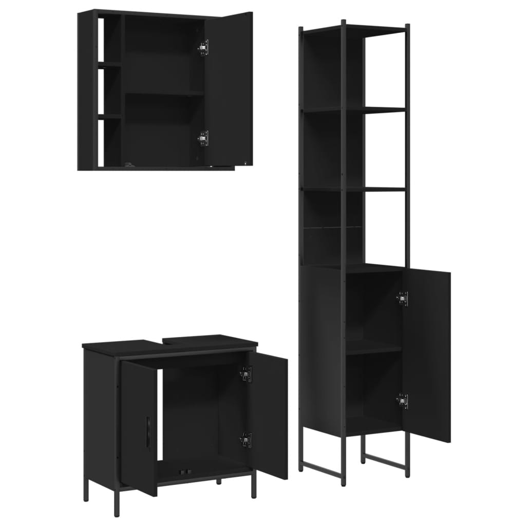 3 Piece Bathroom Cabinet Set Black Engineered Wood