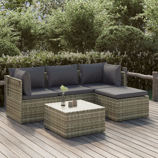 5 Piece Patio Lounge Set with Cushions Gray Poly Rattan