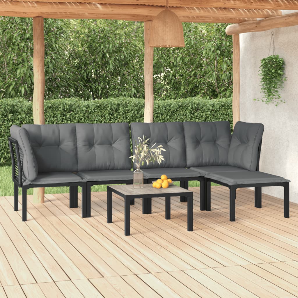 6 Piece Patio Lounge Set Black and Gray Poly Rattan