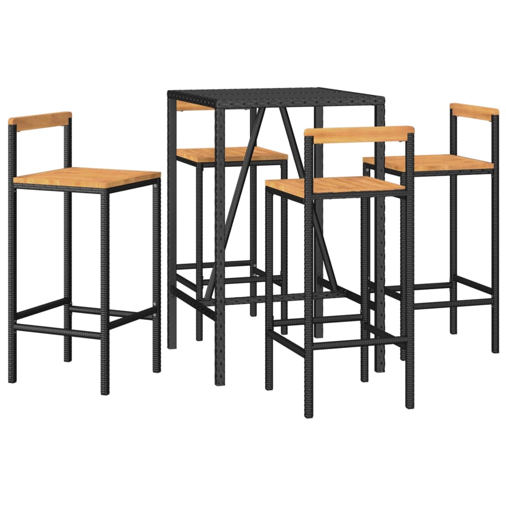 5 Piece Patio Bar Set Black Poly Rattan& Solid Wood Acacia