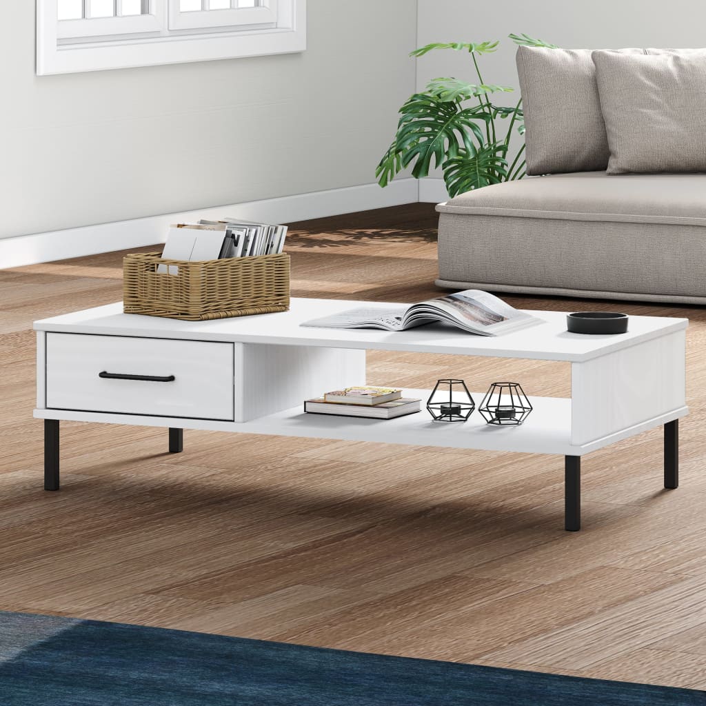 Coffee Table with Metal Legs White Solid Wood Pine OSLO