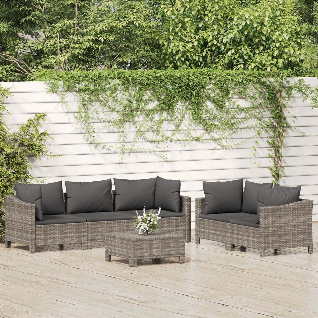 6 Piece Patio Lounge Set with Cushions Gray Poly Rattan