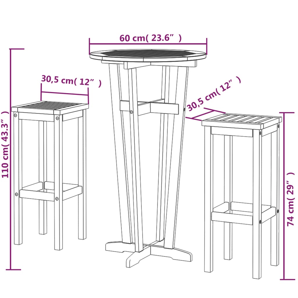 3 Piece Patio Bar Set Solid Wood Acacia