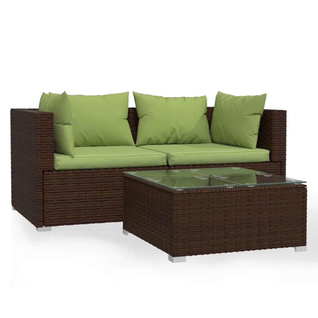 3 Piece Patio Lounge Set with Cushions Brown Poly Rattan