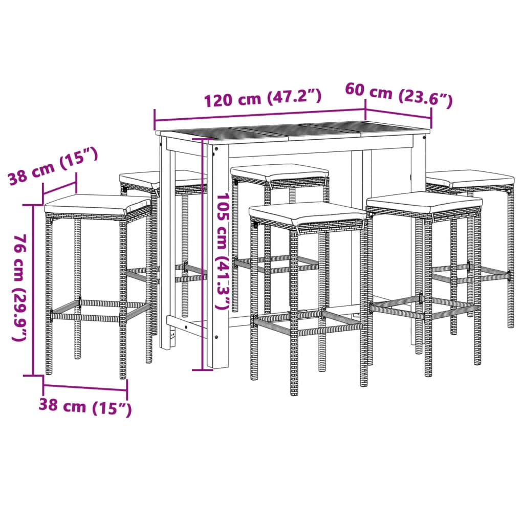 7 Piece Patio Bar Set Brown Solid Wood Acacia and Poly Rattan