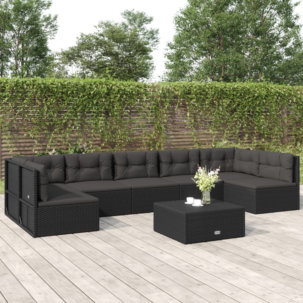 7 Piece Patio Lounge Set with Cushions Black Poly Rattan