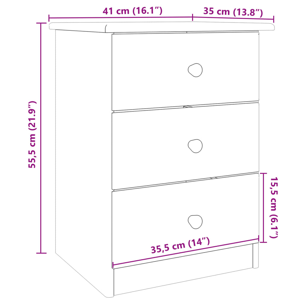 Bedside Cabinet ALTA 16.1"x13.8"x21.9" Solid Wood Pine