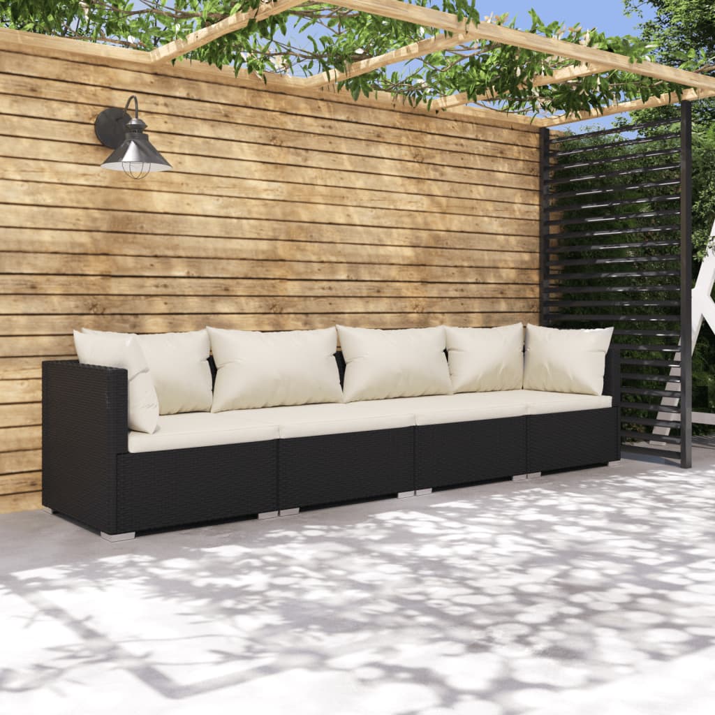 Patio Furniture Set 4 Piece with Cushions Poly Rattan Black