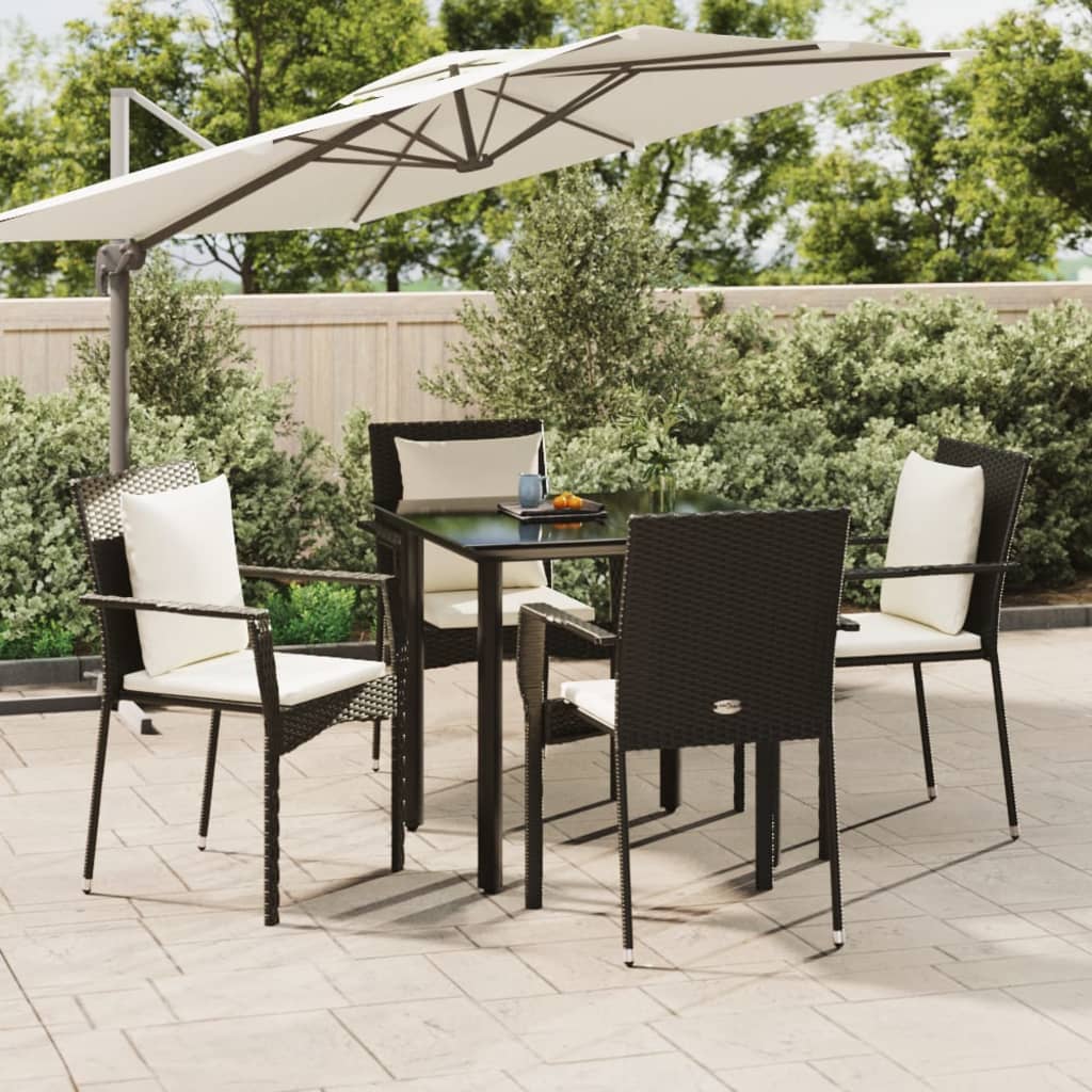 5 Piece Patio Dining Set with Cushions Black Poly Rattan