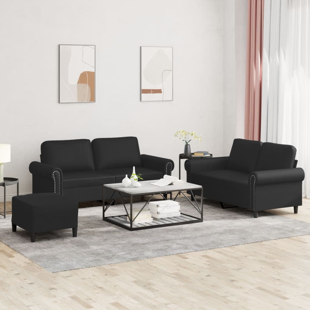 3 Piece Sofa Set with Cushions Black Faux Leather