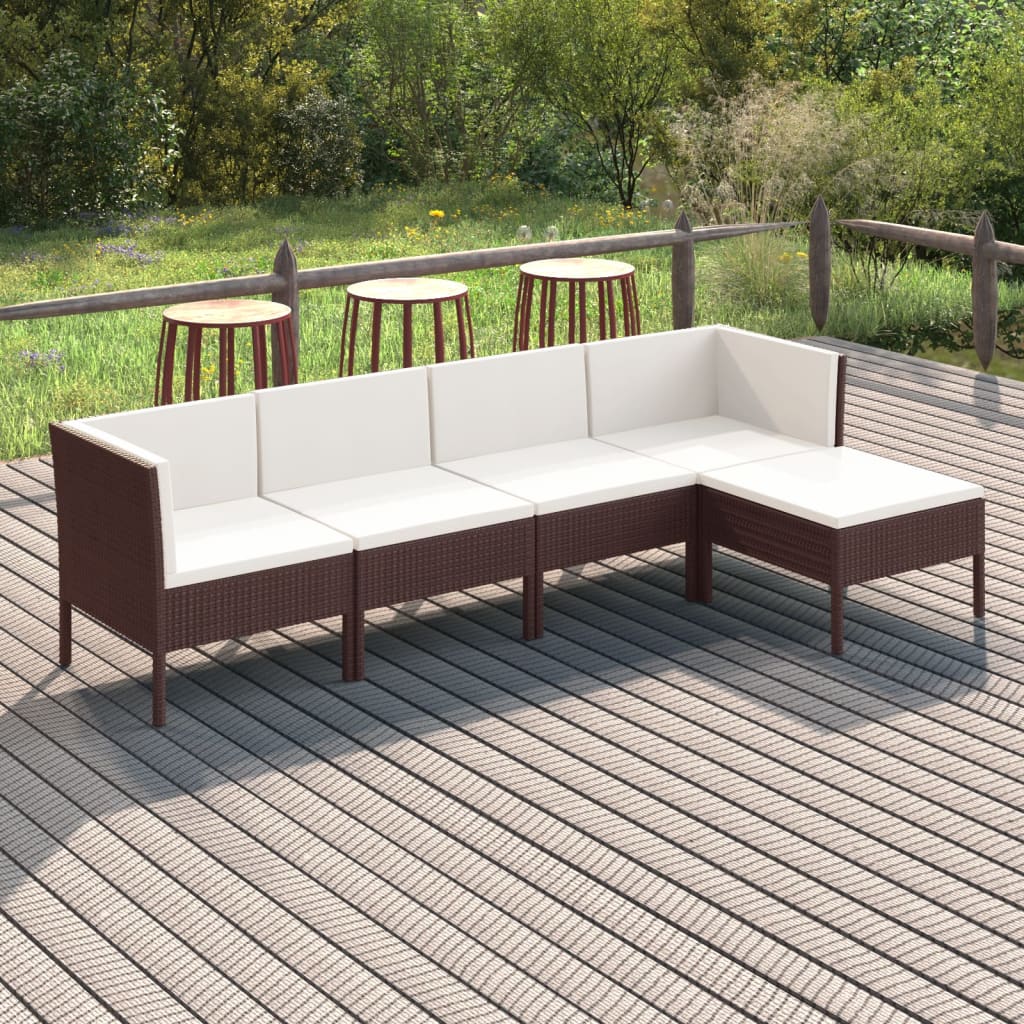 5 Piece Patio Lounge Set with Cushions Poly Rattan Brown