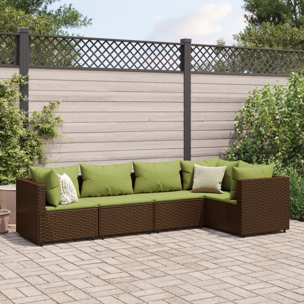 5 Piece Patio Lounge Set with Cushions Brown Poly Rattan