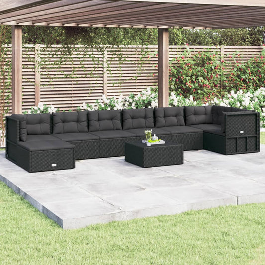 8 Piece Patio Lounge Set with Cushions Black Poly Rattan