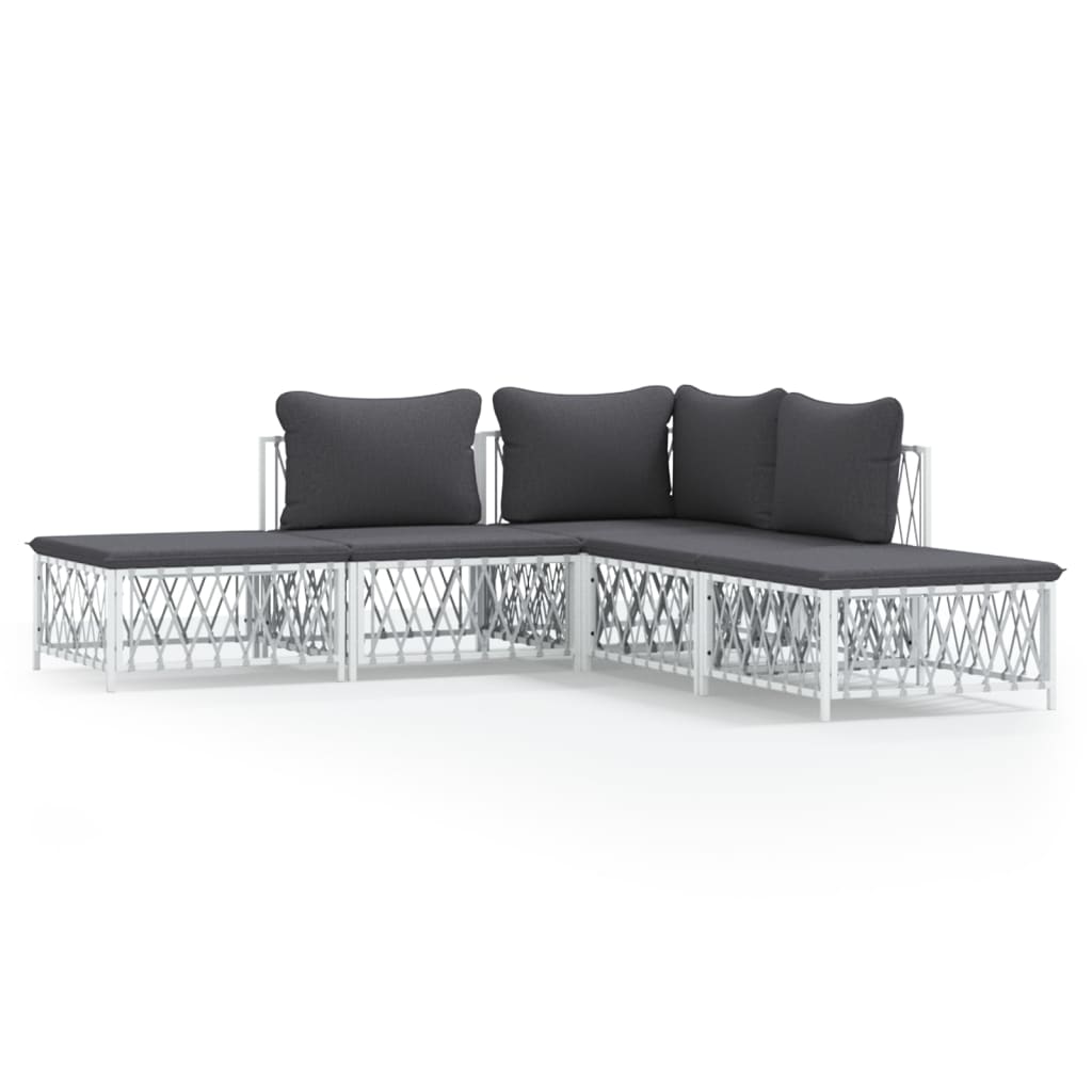 5 Piece Patio Lounge Set with Cushions White Steel