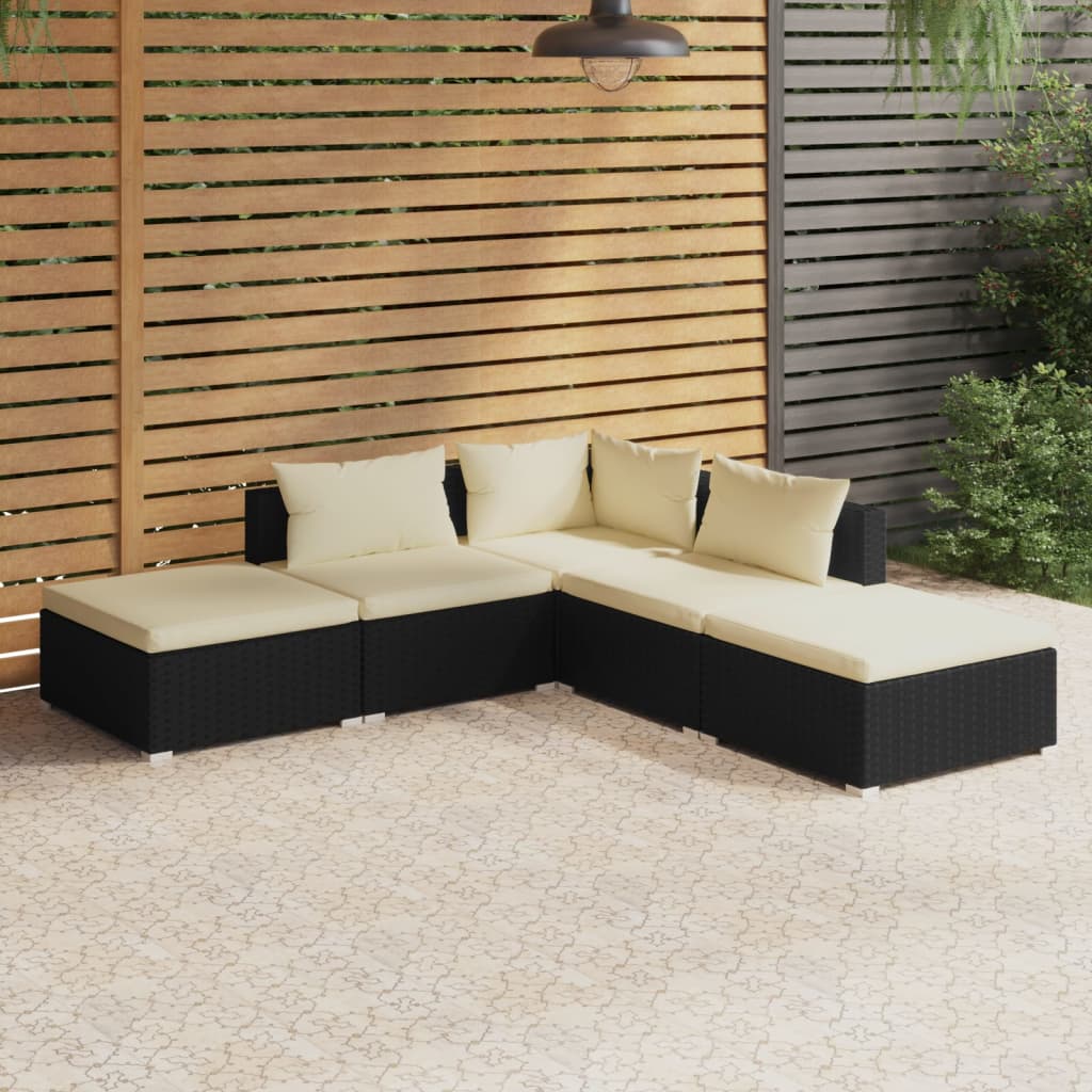 5 Piece Garden Lounge Set with Cushions Poly Rattan Black