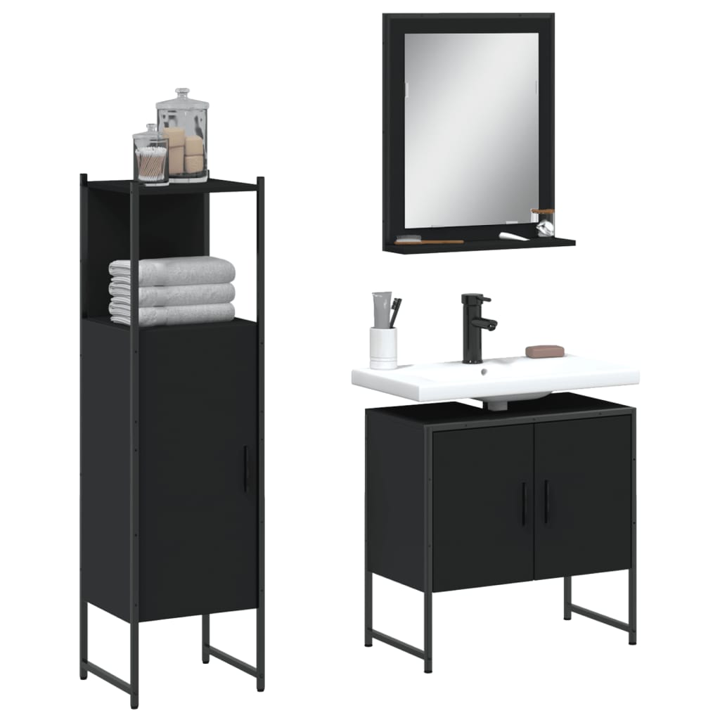 3 Piece Bathroom Cabinet Set Black Engineered Wood