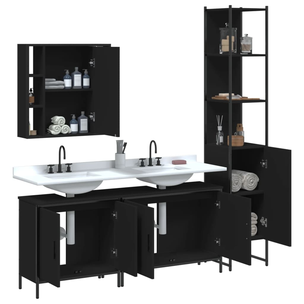 4 Piece Bathroom Cabinet Set Black Engineered Wood