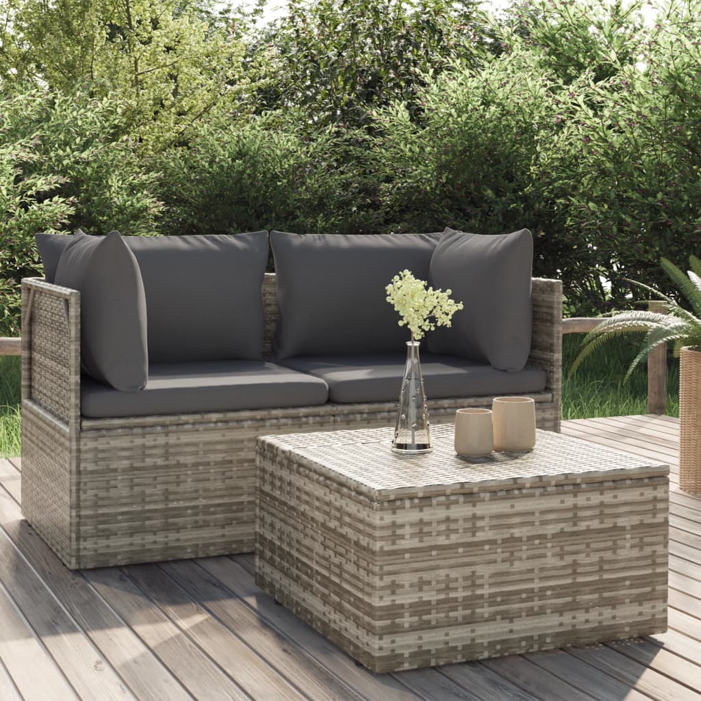 3 Piece Patio Lounge Set with Cushions Gray Poly Rattan