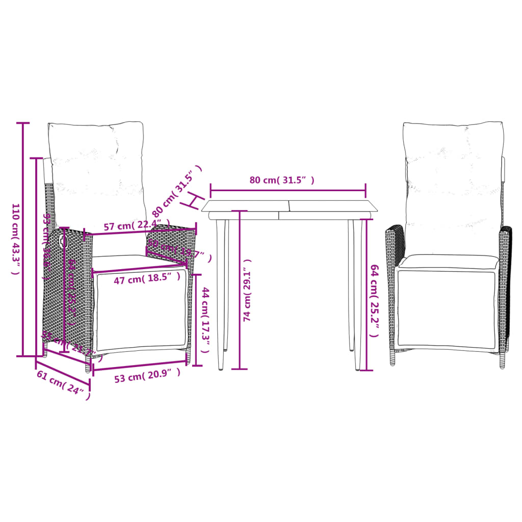 3 Piece Patio Dining Set with Cushions Brown Poly Rattan