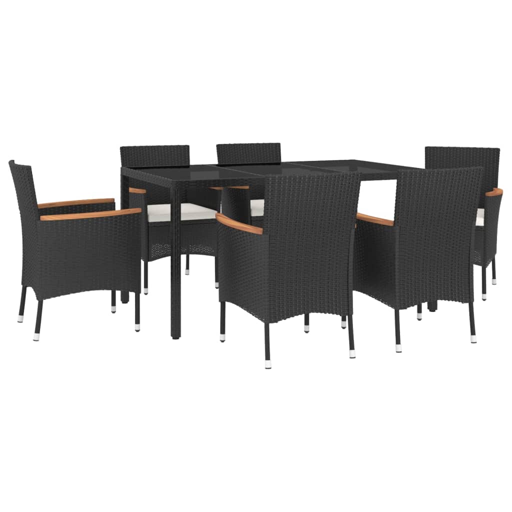 7 Piece Patio Dining Set with Cushions Black Poly Rattan