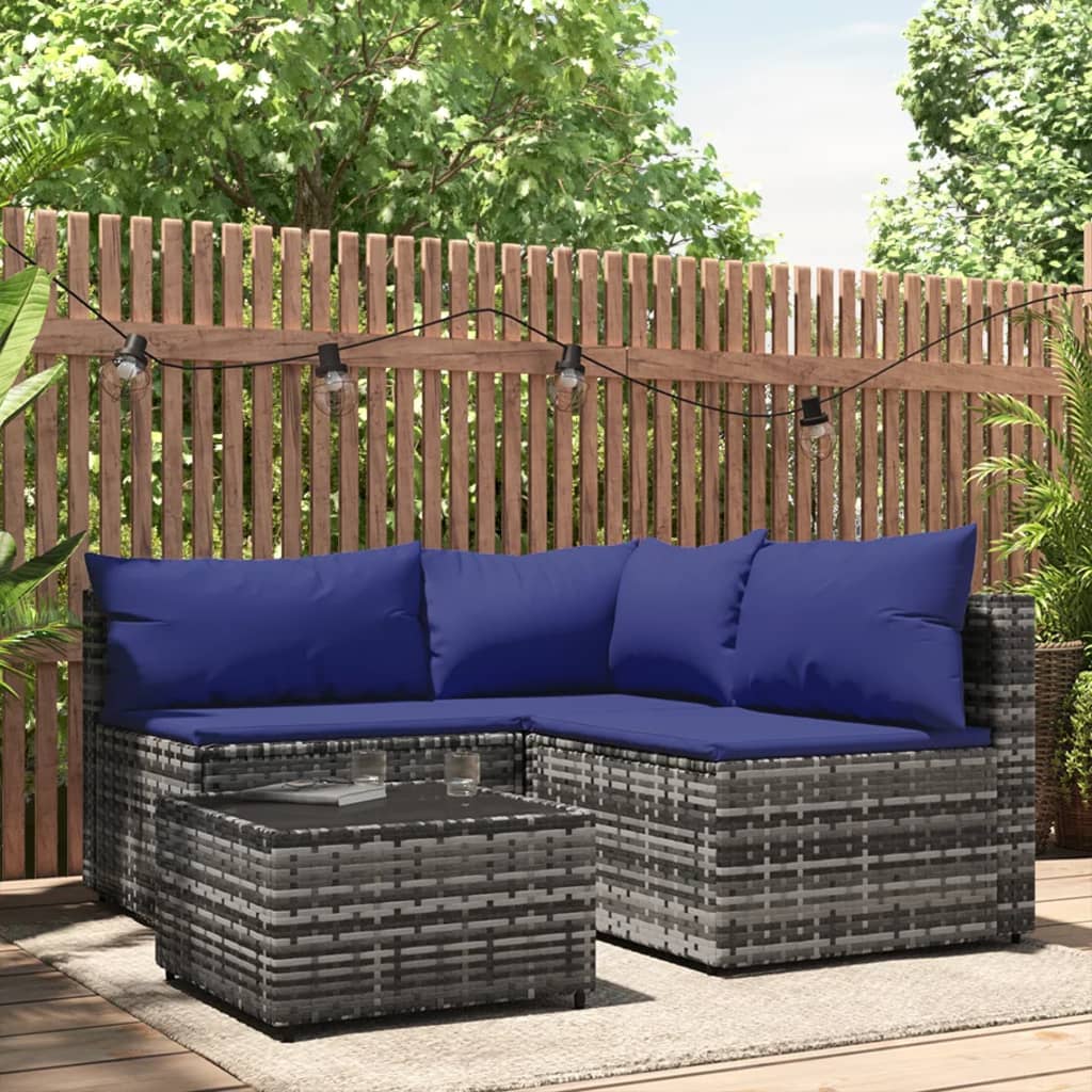 4 Piece Patio Lounge Set with Cushions Gray Poly Rattan