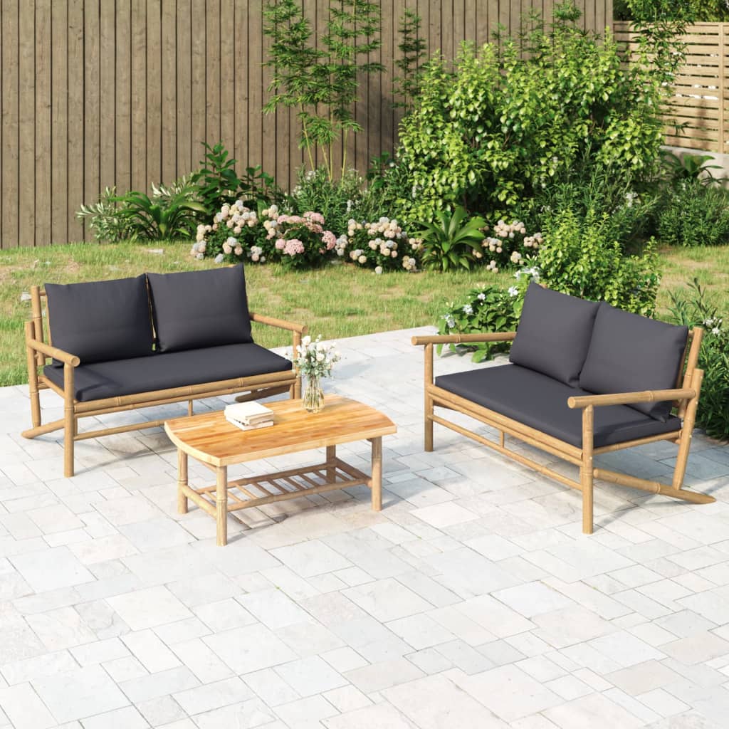 3 Piece Patio Lounge Set with Dark Gray Cushions Bamboo