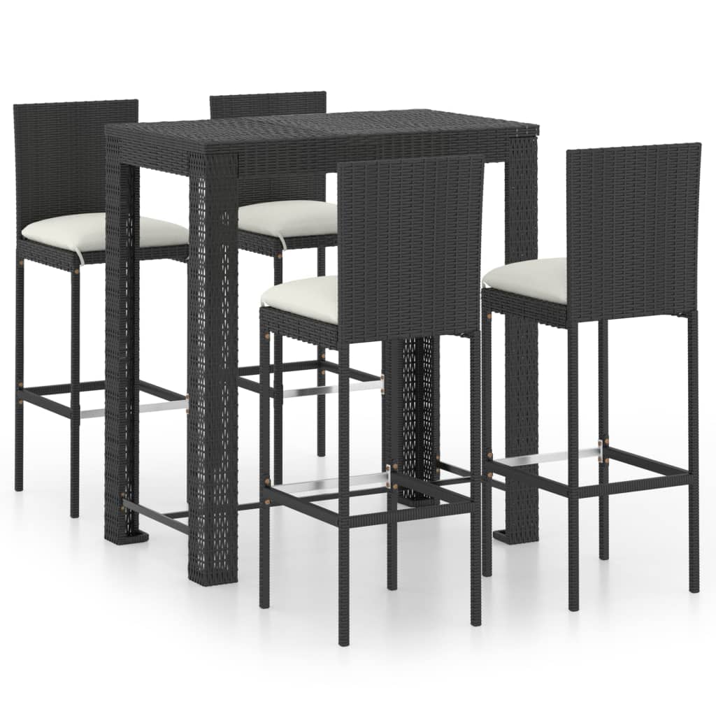 5 Piece Patio Bar Set with Cushions Poly Rattan Black