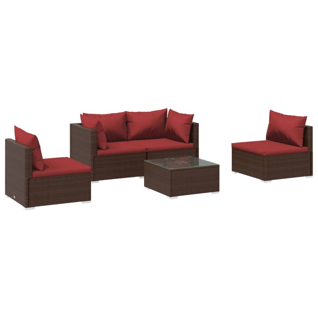 5 Piece Patio Lounge Set with Cushions Poly Rattan Brown