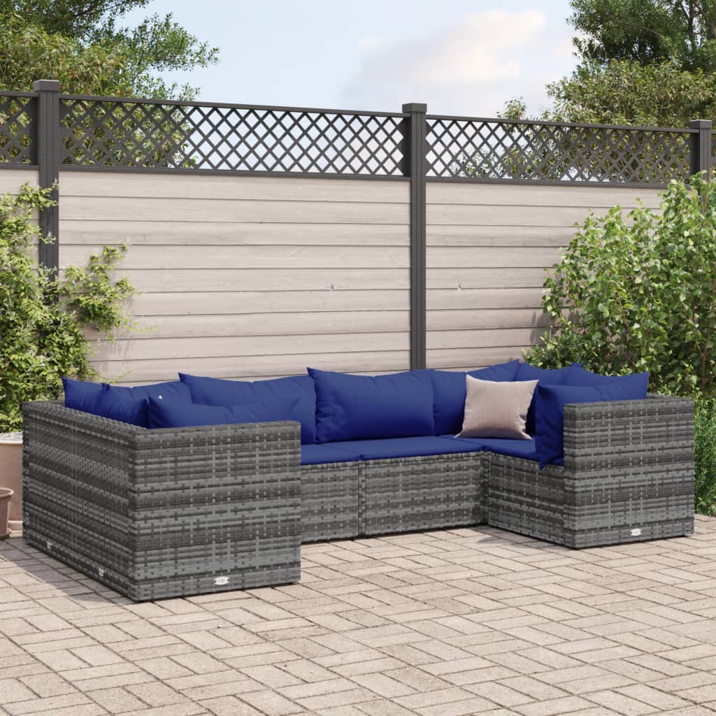 6 Piece Patio Lounge Set with Cushions Gray Poly Rattan