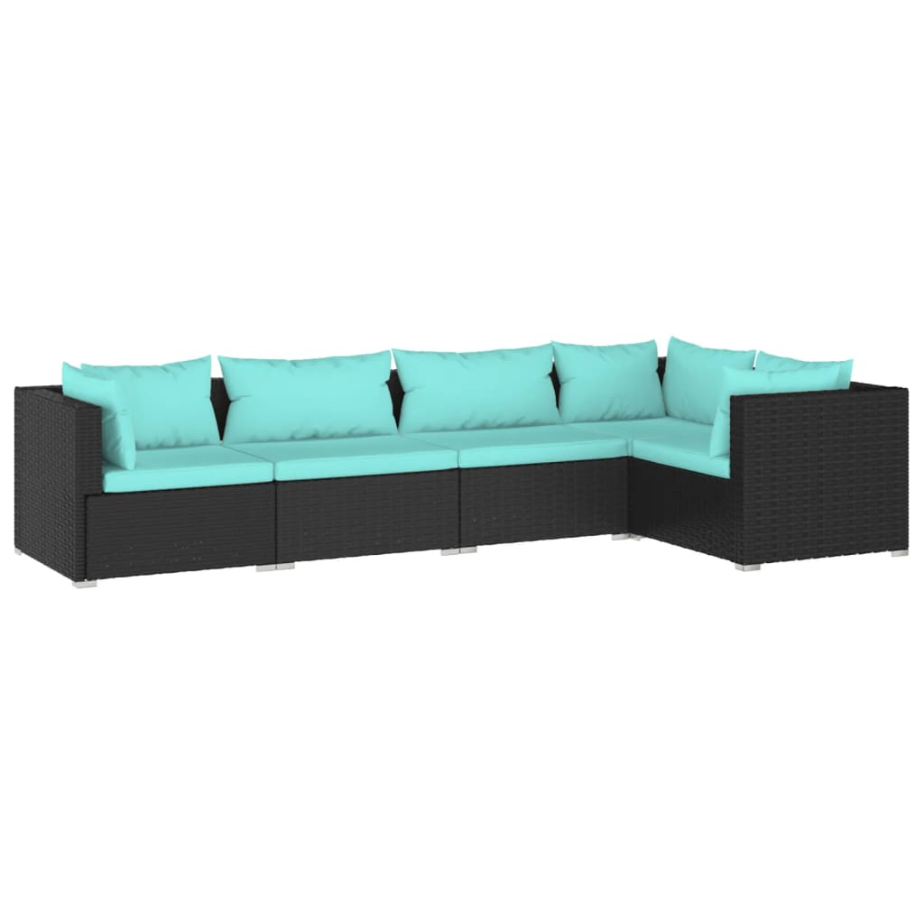 5 Piece Patio Lounge Set with Cushions Poly Rattan Black