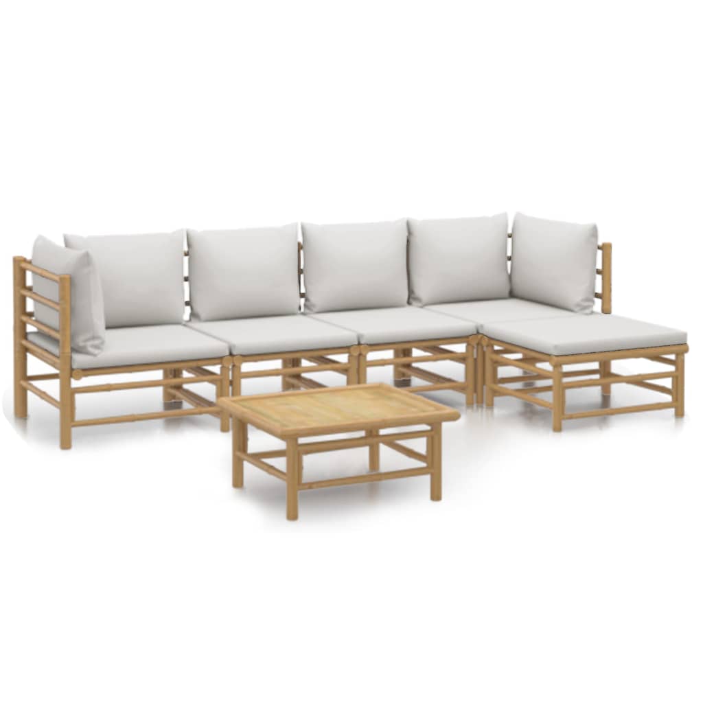 6 Piece Patio Lounge Set with Light Gray Cushions Bamboo