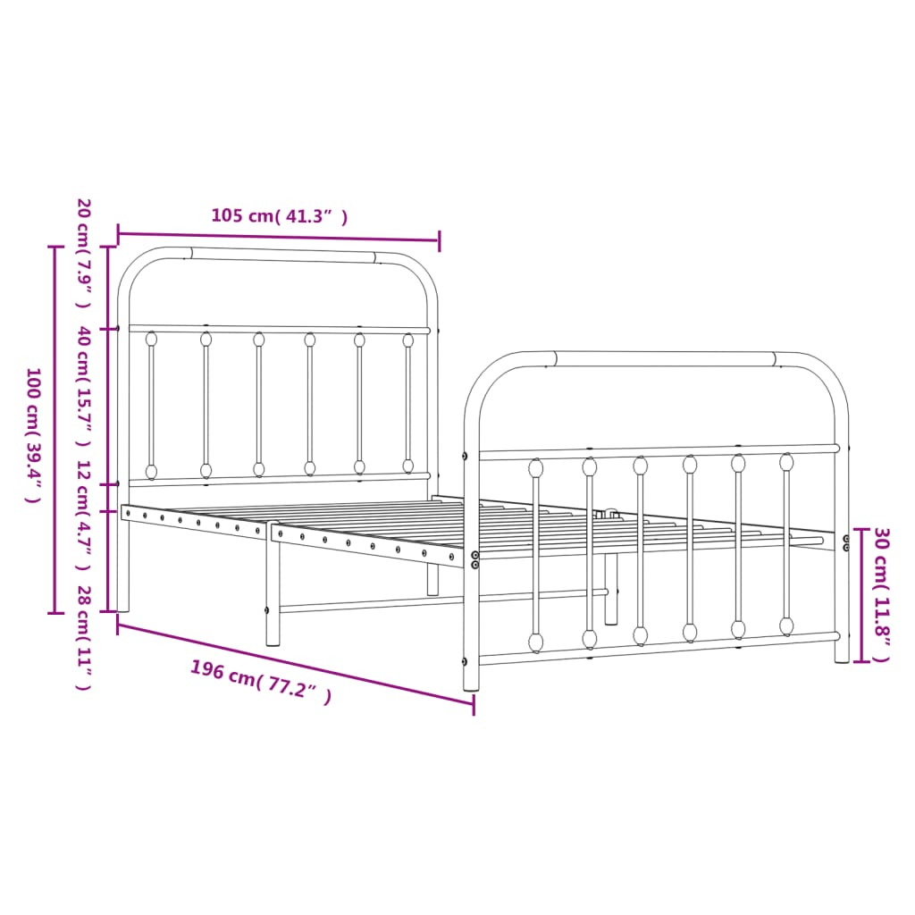 Metal Bed Frame without Mattress with Footboard White 39.4"x74.8"