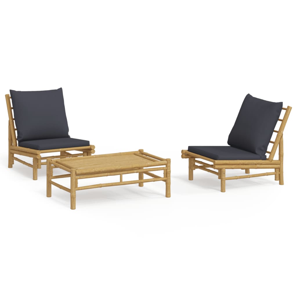 3 Piece Patio Lounge Set with Dark Gray Cushions Bamboo