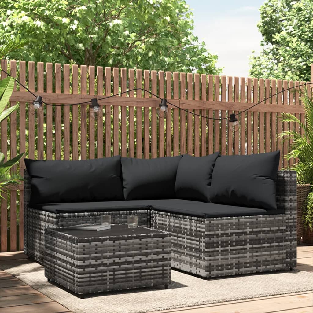 4 Piece Patio Lounge Set with Cushions Gray Poly Rattan