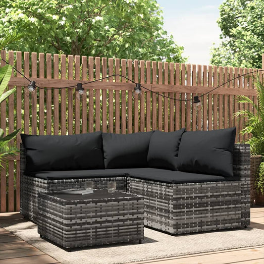 4 Piece Patio Lounge Set with Cushions Gray Poly Rattan