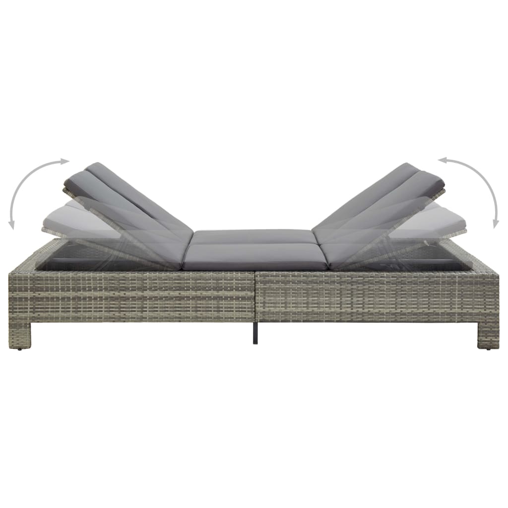 2-Person Sunbed with Cushion Gray Poly Rattan