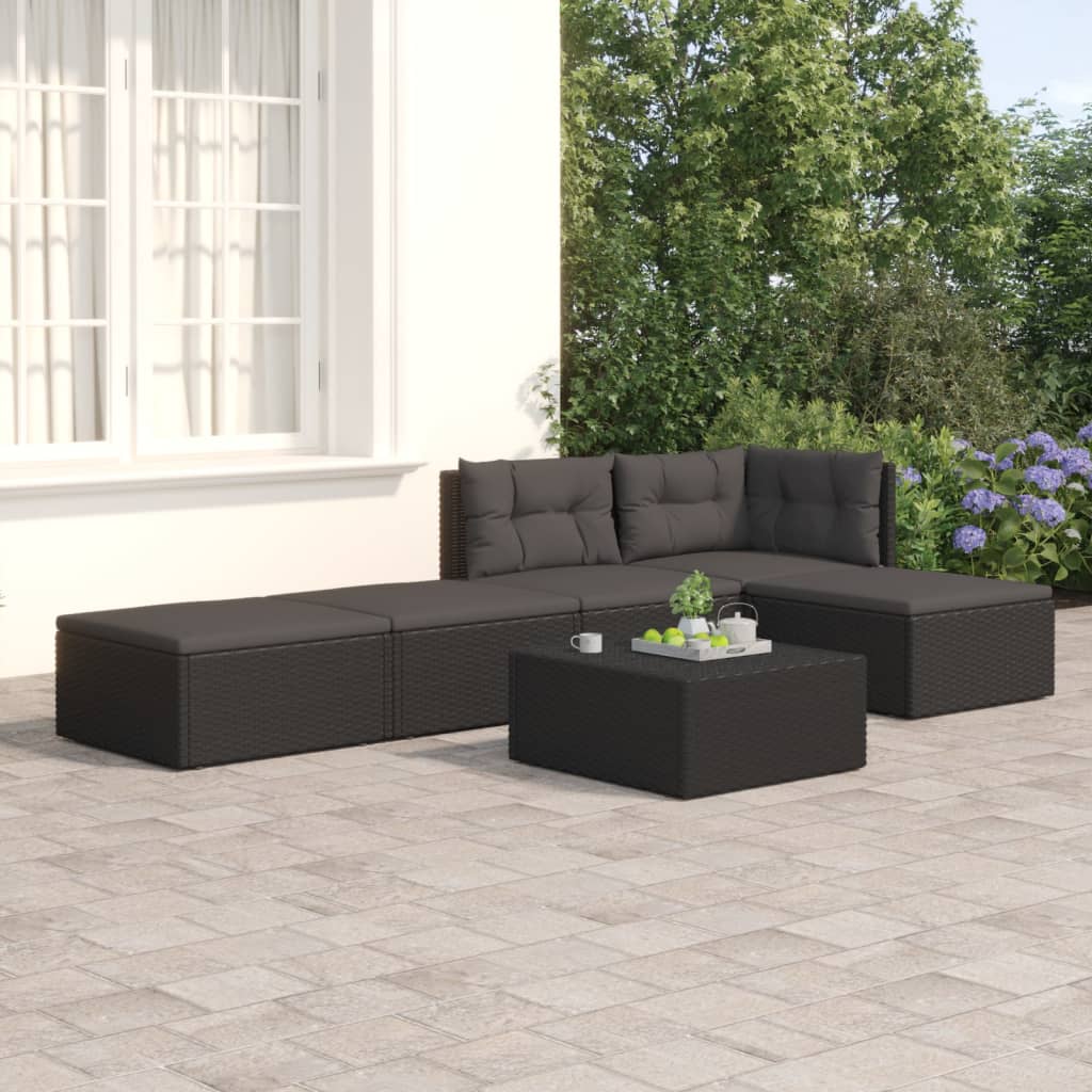 5 Piece Patio Lounge Set with Cushions Black Poly Rattan