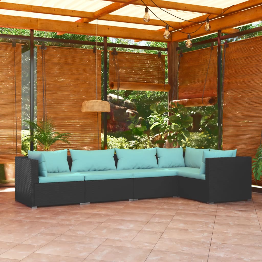 5 Piece Patio Lounge Set with Cushions Poly Rattan Black