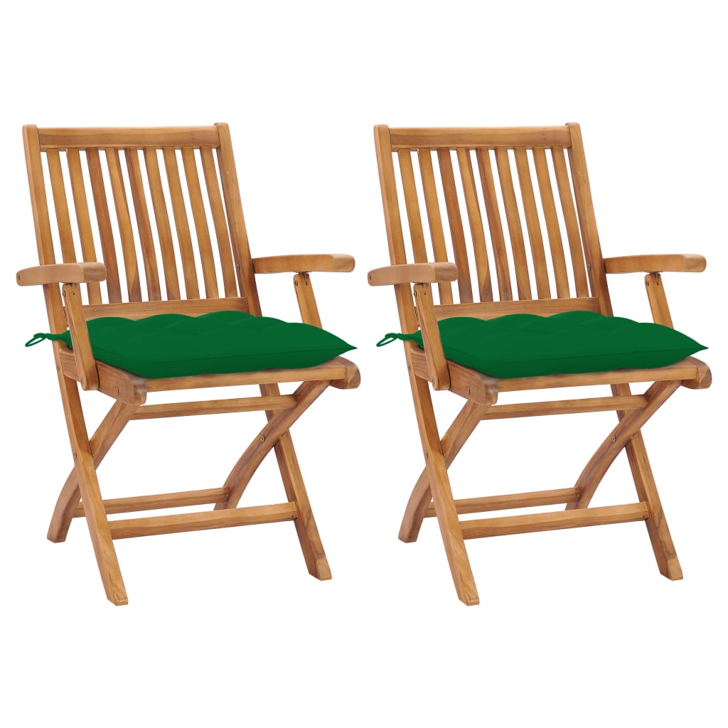 Patio Chairs 2 pcs with Green Cushions Solid Teak Wood