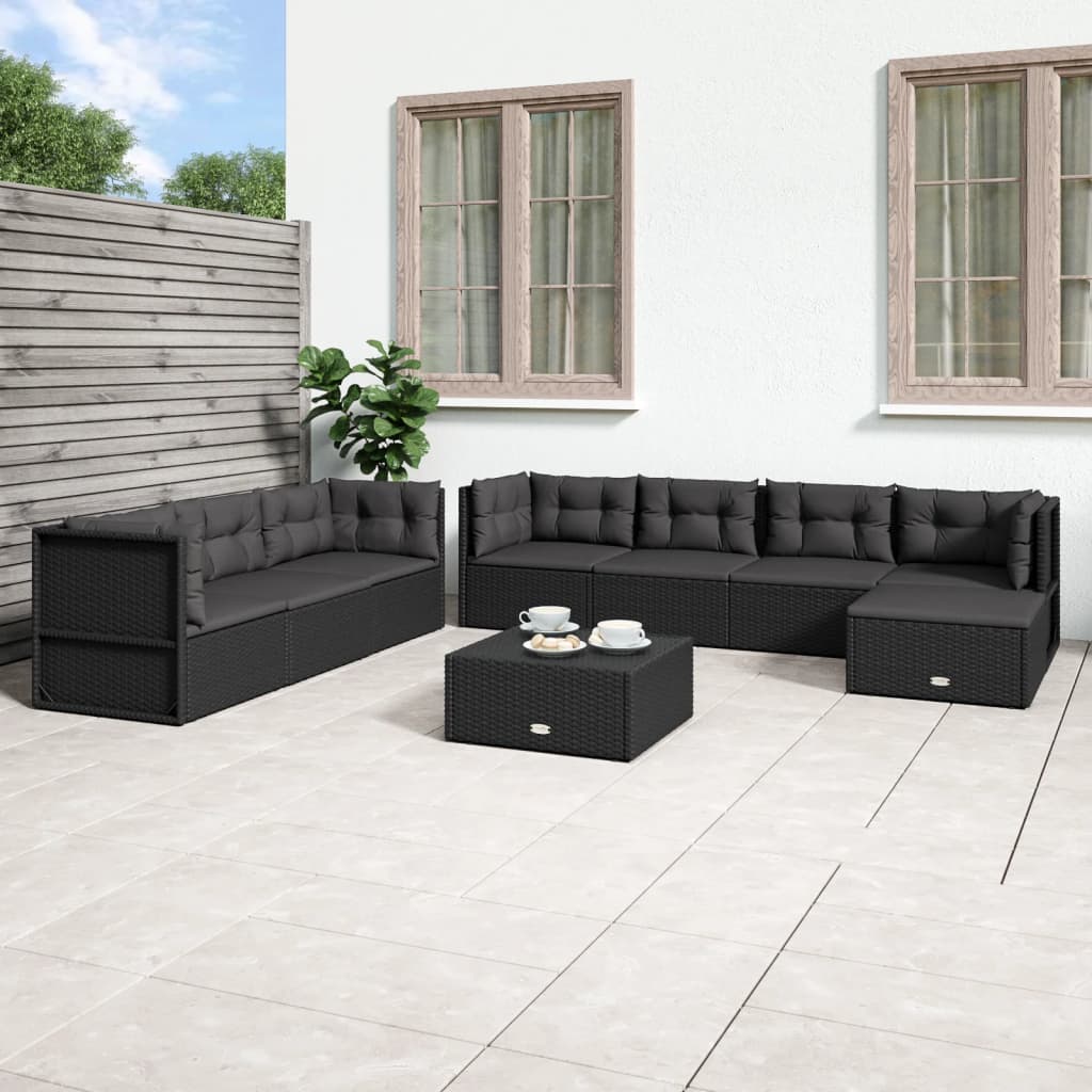 8 Piece Patio Lounge Set with Cushions Black Poly Rattan