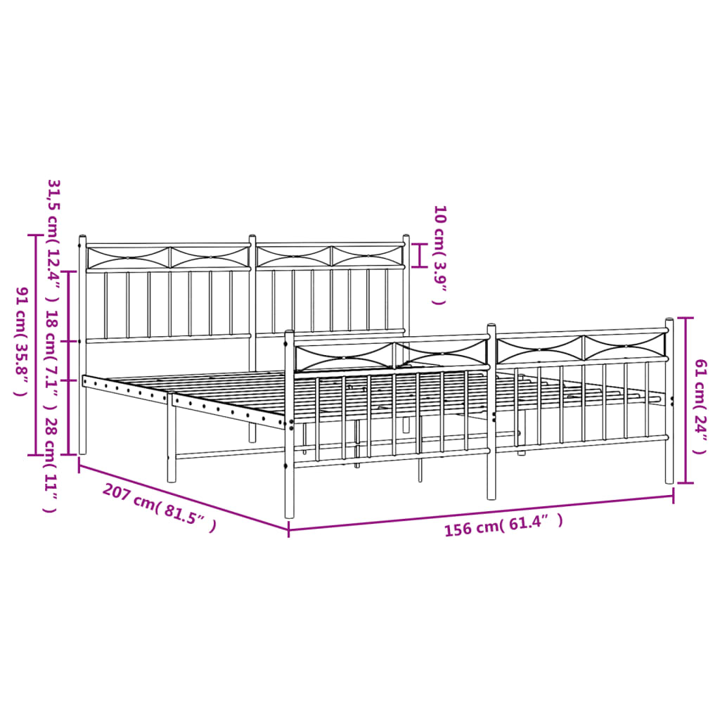 Metal Bed Frame without Mattress with Footboard White 59.1"x78.7"